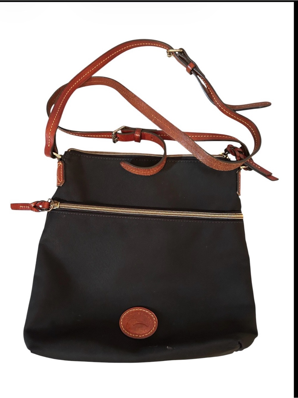 Dooney & Bourke Black Nylon Crossbody with Brown Leather Trim and Gold Hardware